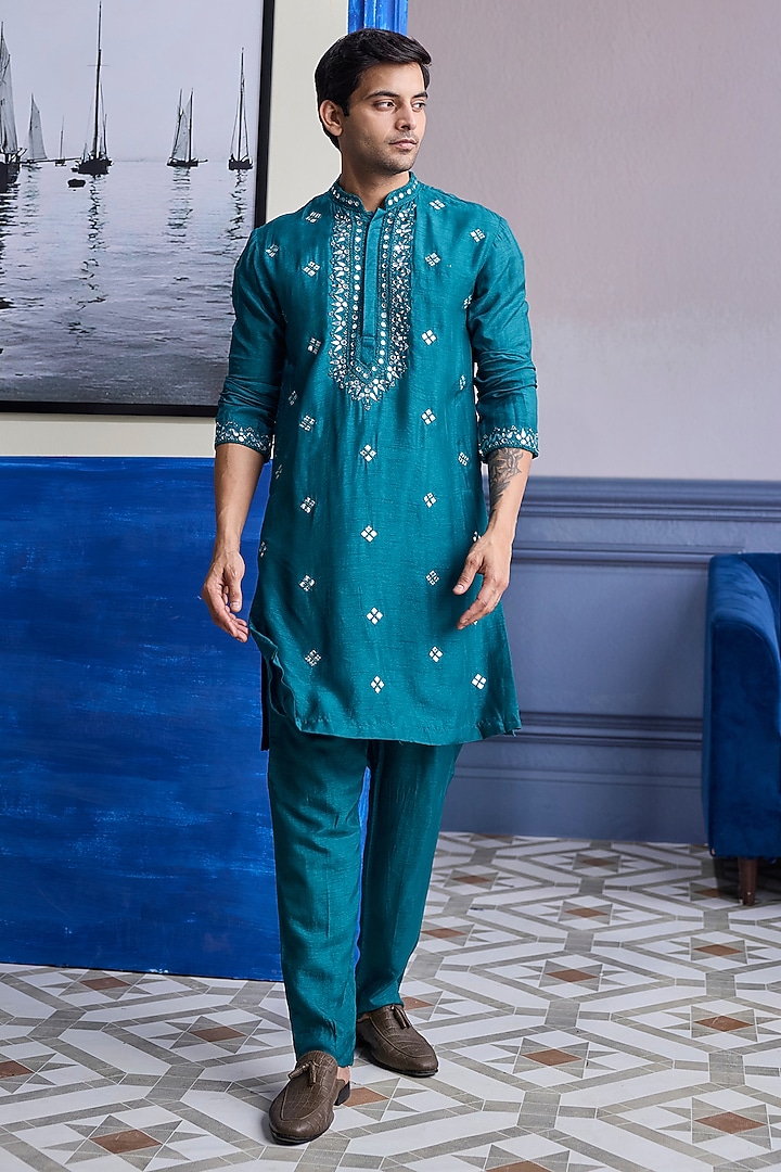 Teal Green Dola Silk Embroidered Kurta by DiyaRajvvir Men at Pernia's Pop Up Shop