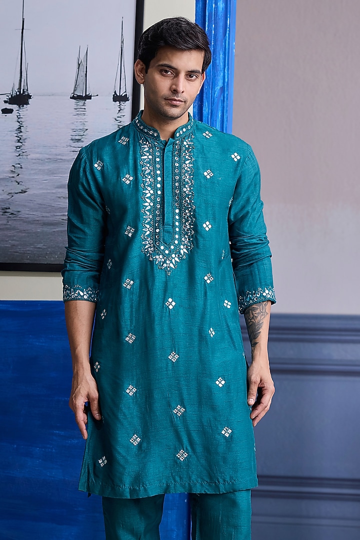 Teal Green Dola Silk Embroidered Kurta by DiyaRajvvir Men at Pernia's Pop Up Shop