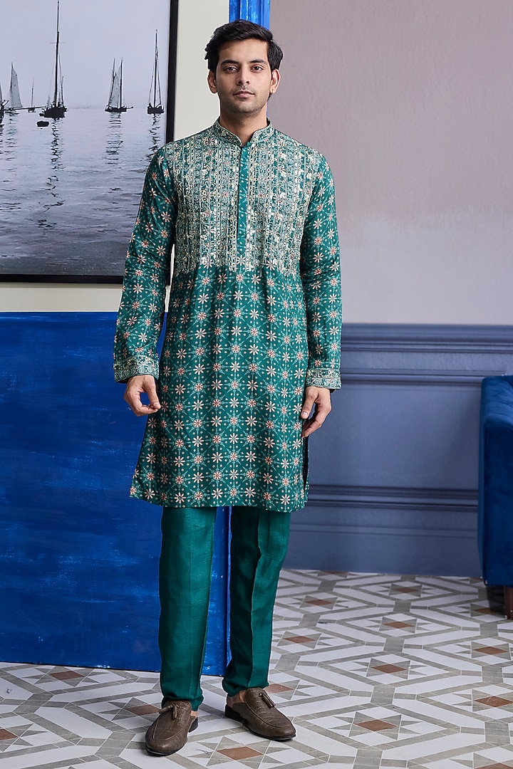 Teal Green Dola Silk Kurta by DiyaRajvvir Men at Pernia's Pop Up Shop
