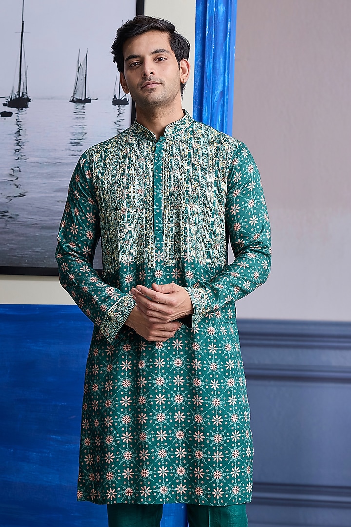 Teal Green Dola Silk Kurta by DiyaRajvvir Men at Pernia's Pop Up Shop