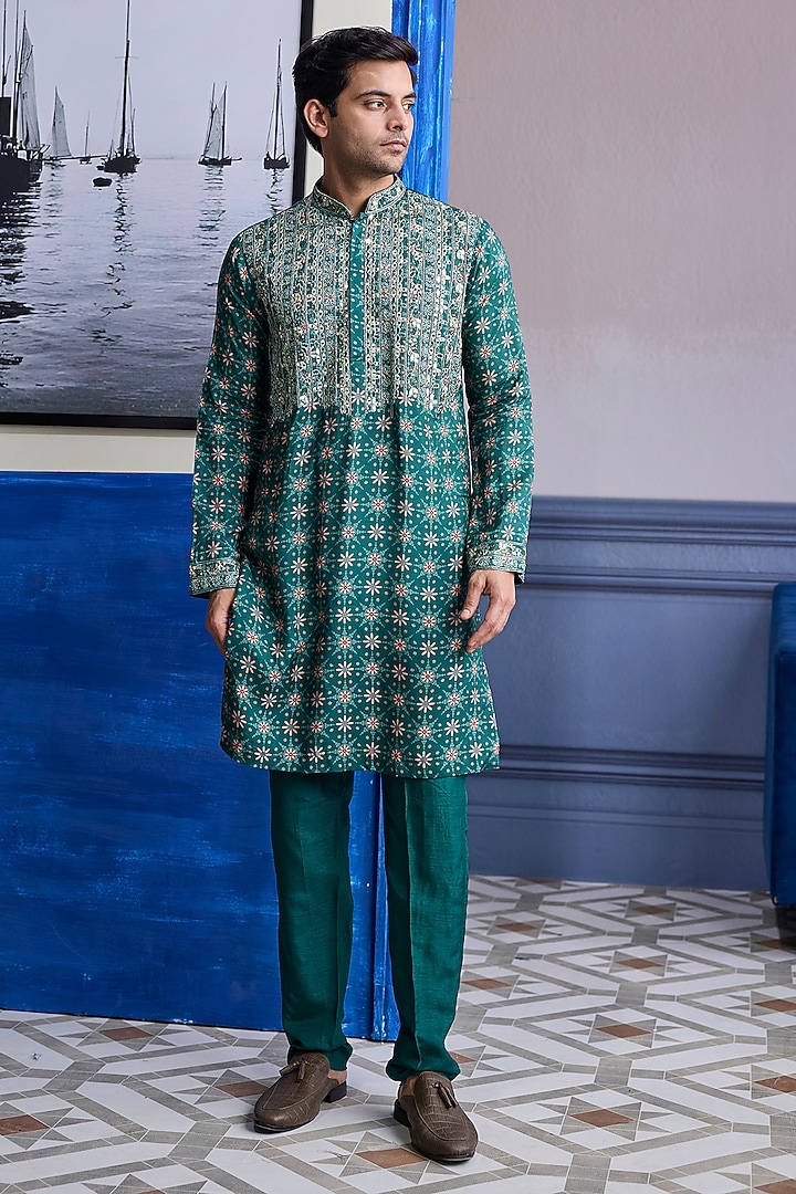 Teal Green Dola Silk Kurta by DiyaRajvvir Men at Pernia's Pop Up Shop