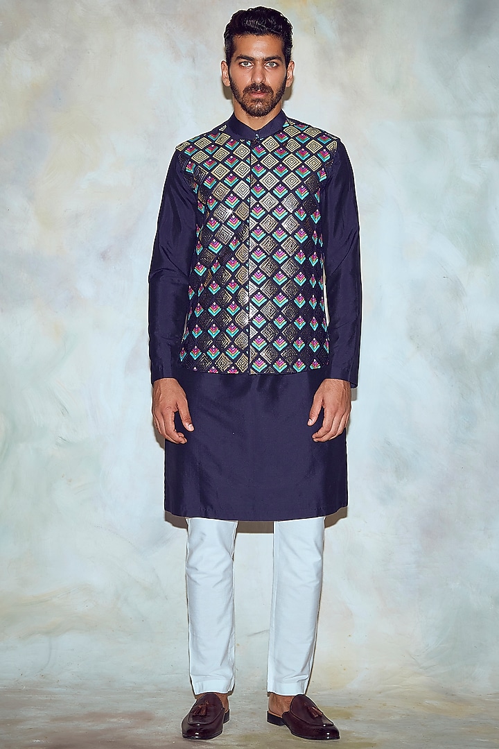 Dark Blue Kurta With Embroidered Bundi Jacket by DiyaRajvvir Men