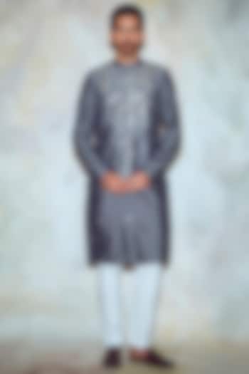 Grey Kurta With Bundi Jacket by DiyaRajvvir Men