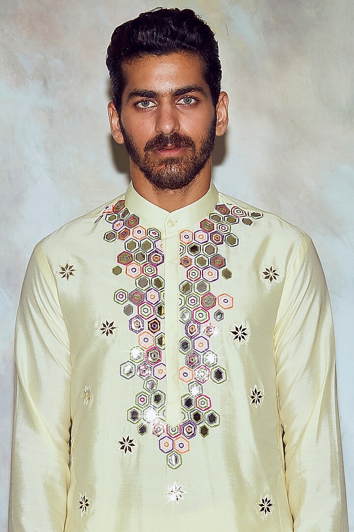 Light Yellow Cotton Silk Thread Embroidered Kurta by DiyaRajvvir Men at Pernia's Pop Up Shop