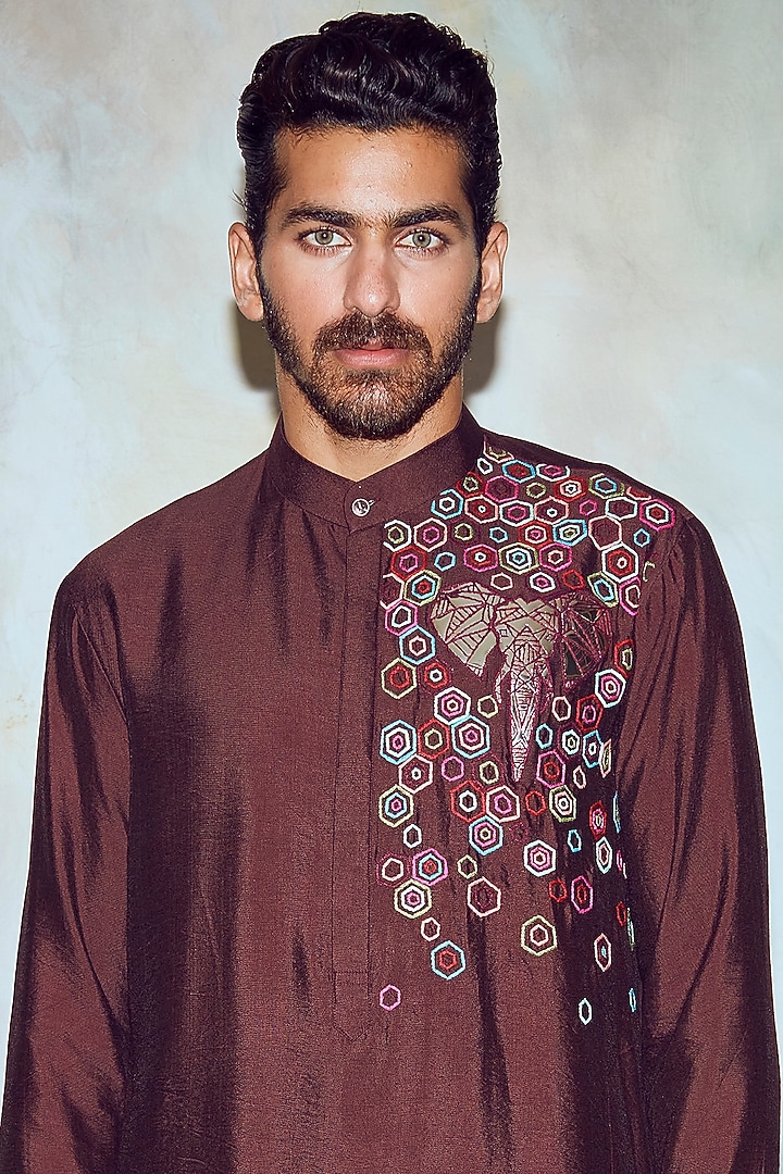 Brown Cotton Silk Acrylic Thread Embroidered Kurta by DiyaRajvvir Men at Pernia's Pop Up Shop