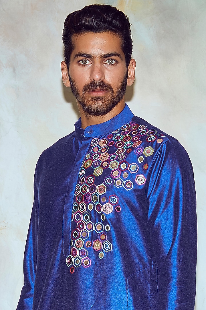Cobalt Blue Cotton Silk Acrylic Embroidered Kurta by DiyaRajvvir Men at Pernia's Pop Up Shop