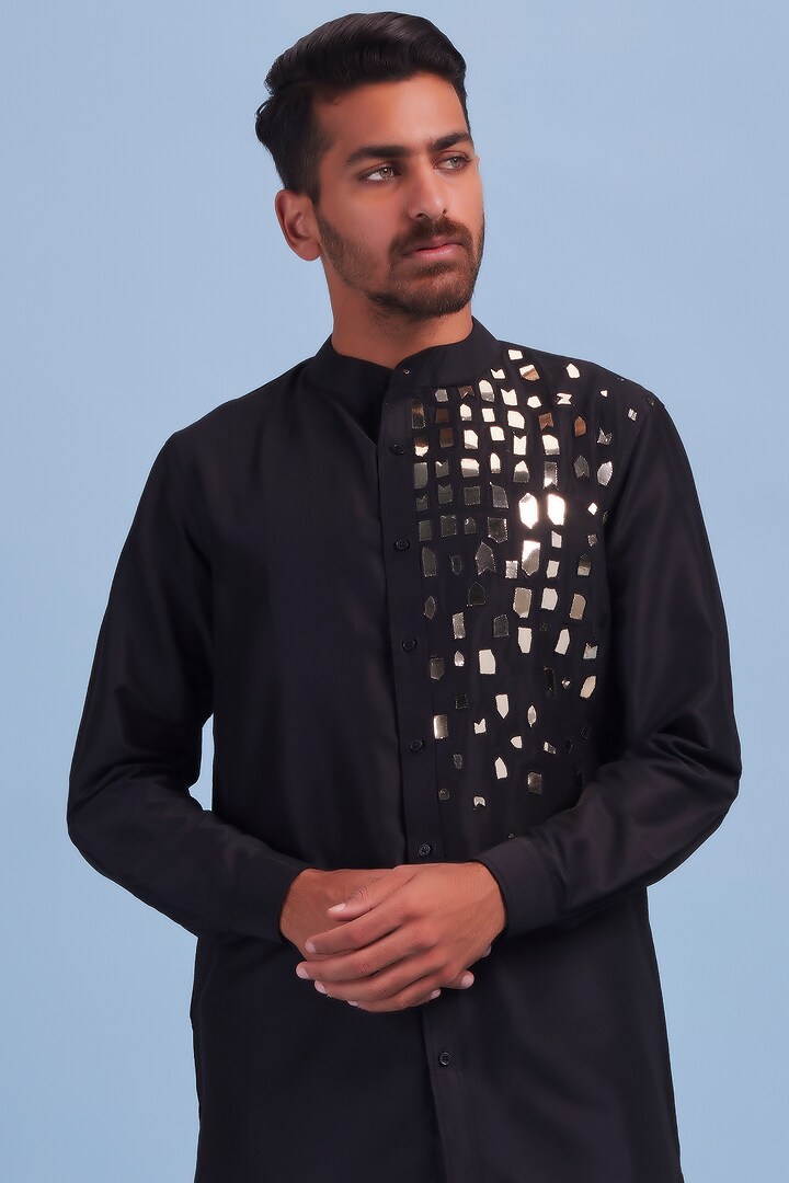 Black Cotton Silk Embroidered Wedding Indowestern Set by DiyaRajvvir Men at Pernia's Pop Up Shop