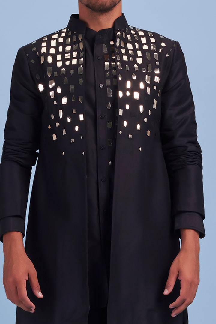 Black Cotton Silk Embroidered Wedding Indowestern Set by DiyaRajvvir Men at Pernia's Pop Up Shop