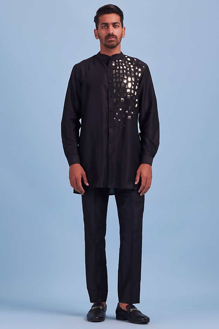 Black Cotton Silk Embroidered Wedding Indowestern Set by DiyaRajvvir Men at Pernia's Pop Up Shop