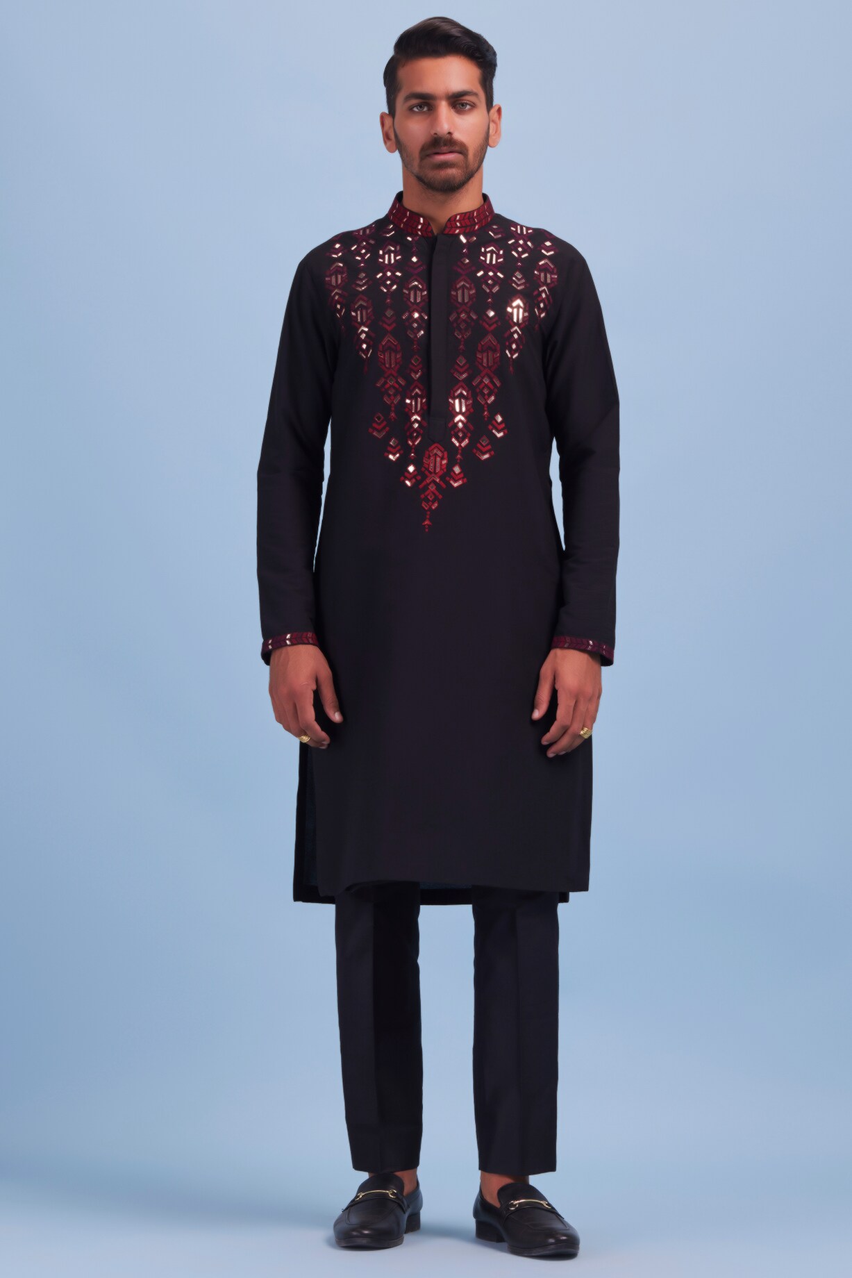 Black Silk Kurta Jacket Set For Men With Heavy Embroidery main image 1