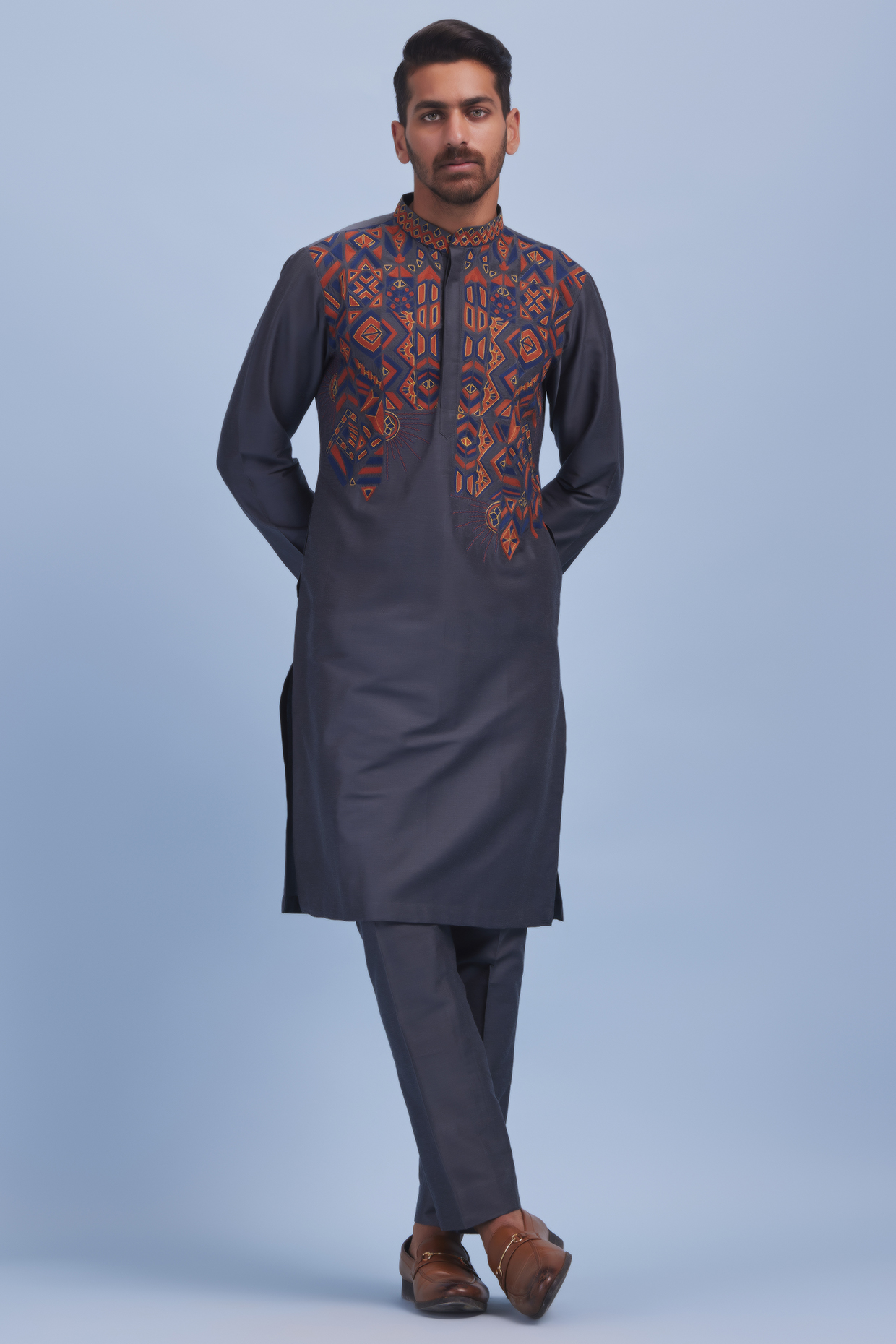 Grey Embroidered Kurta Set by DiyaRajvvir Men at Pernia's Pop Up Shop