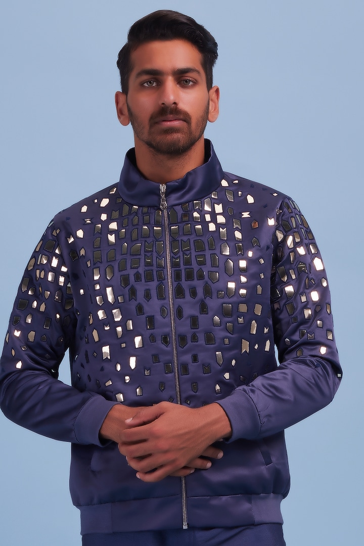 Grey Dutch Satin Thread Embroidered Bomber Jacket Set by DiyaRajvvir Men at Pernia's Pop Up Shop