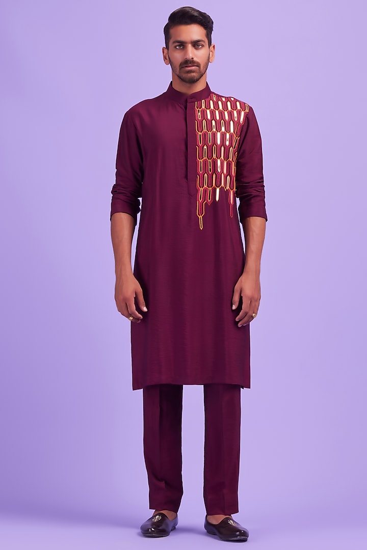 Wine Silk Embroidered Kurta Set by DiyaRajvvir Men at Pernia's Pop Up Shop