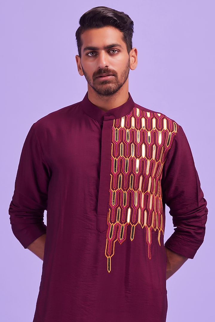 Wine Cotton Silk Thread Embroidered Kurta Set by DiyaRajvvir Men at Pernia's Pop Up Shop