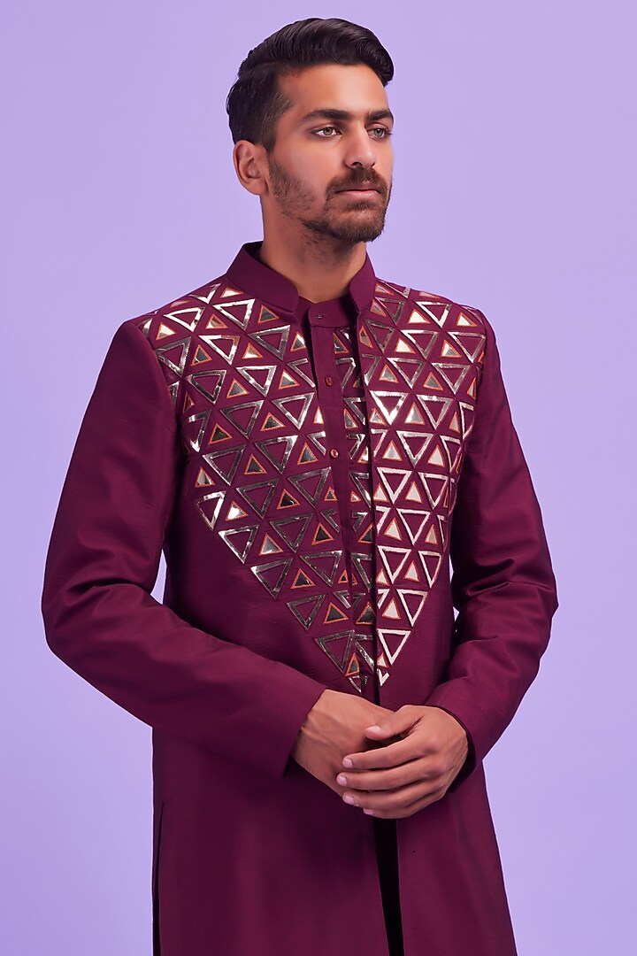 Wine Cotton Silk Embroidered Wedding Indowestern Set by DiyaRajvvir Men at Pernia's Pop Up Shop