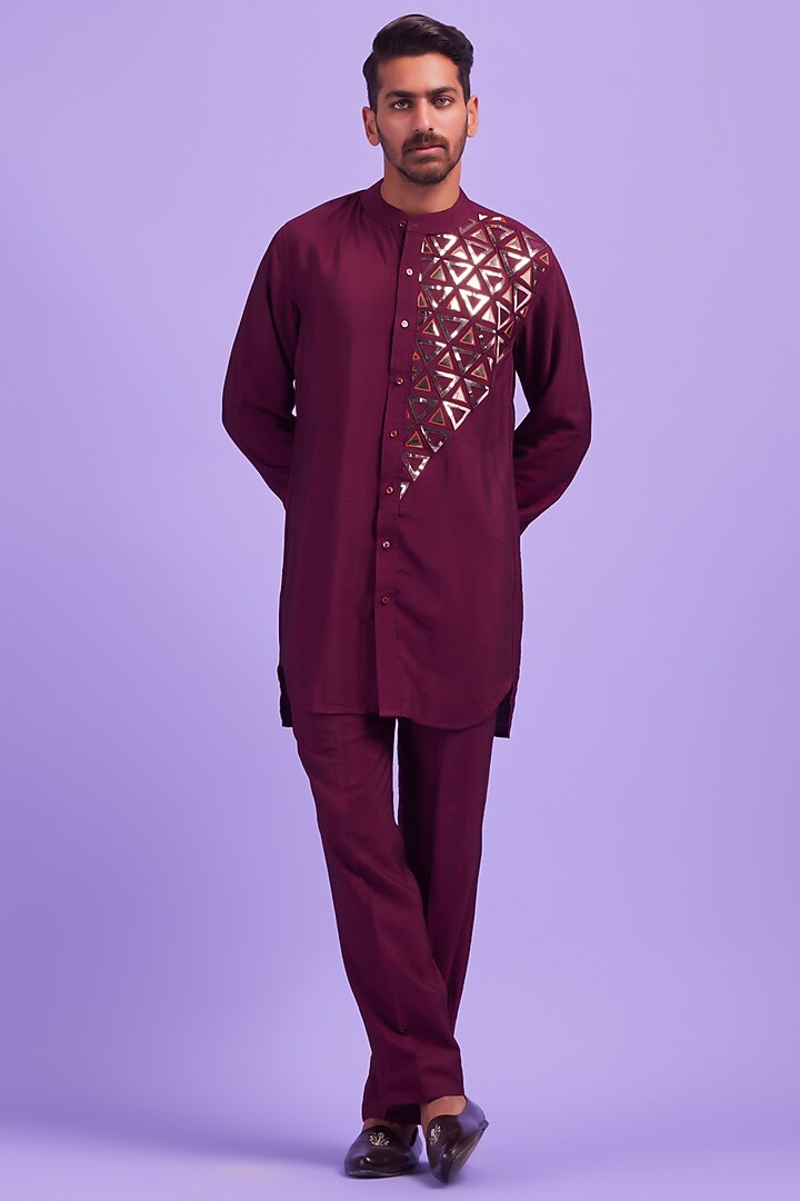 Wine Cotton Silk Embroidered Wedding Indowestern Set by DiyaRajvvir Men at Pernia's Pop Up Shop