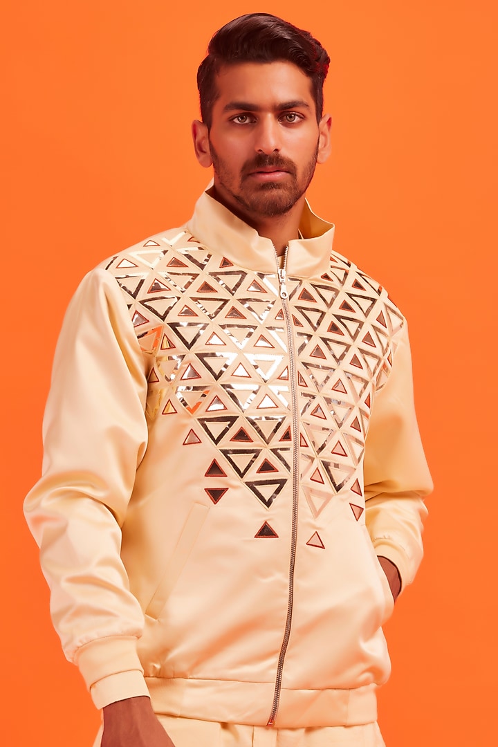 Pastel Yellow Dutch Satin Thread Embroidered Bomber Jacket Set by DiyaRajvvir Men at Pernia's Pop Up Shop