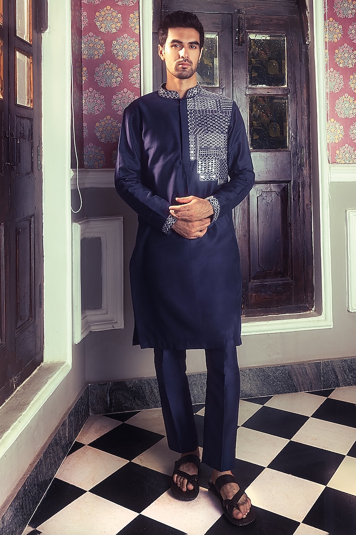 Dark Blue Cotton Silk Embroidered Kurta by DiyaRajvvir Men