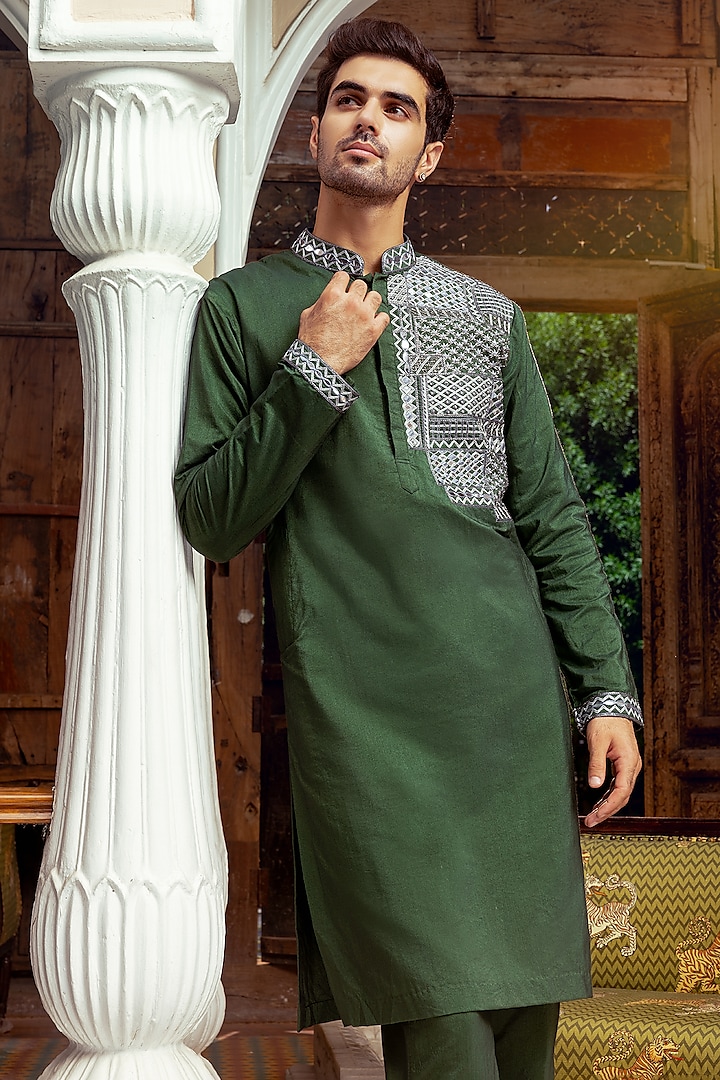 Olive Green Cotton Silk Cutdana Embroidered Kurta by DiyaRajvvir Men