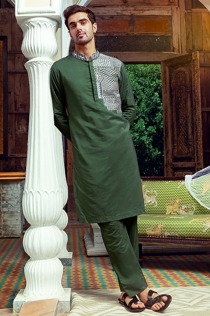 Olive Green Cotton Silk Cutdana Embroidered Kurta by DiyaRajvvir Men at Pernia's Pop Up Shop