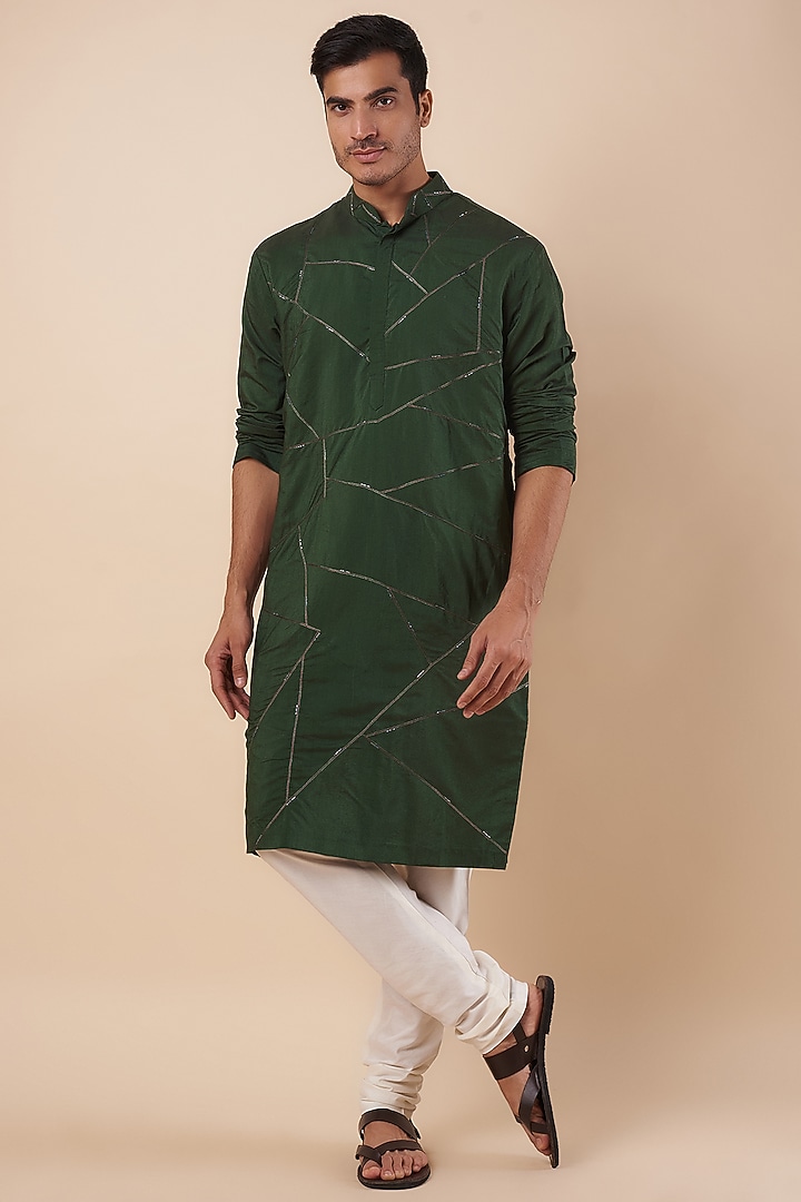 Green Cotton Silk Cutdana Embroidered Kurta by DiyaRajvvir Men at Pernia's Pop Up Shop