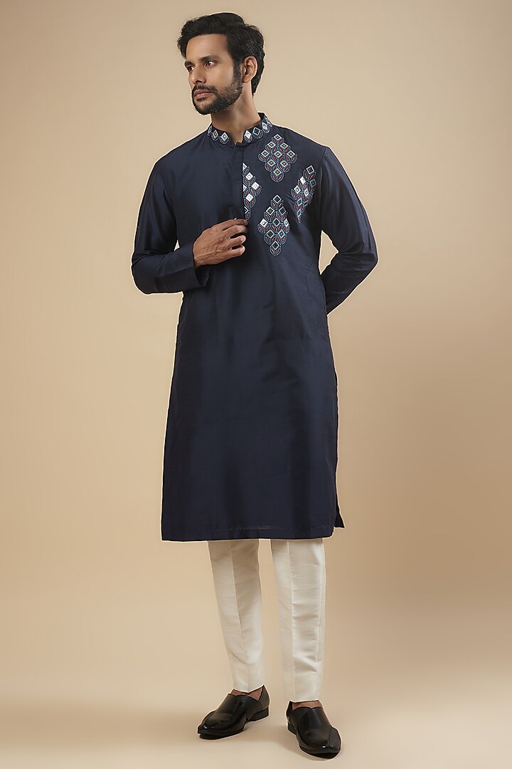 Dark Blue Cotton Silk Floral Embroidered Kurta by DiyaRajvvir Men at Pernia's Pop Up Shop