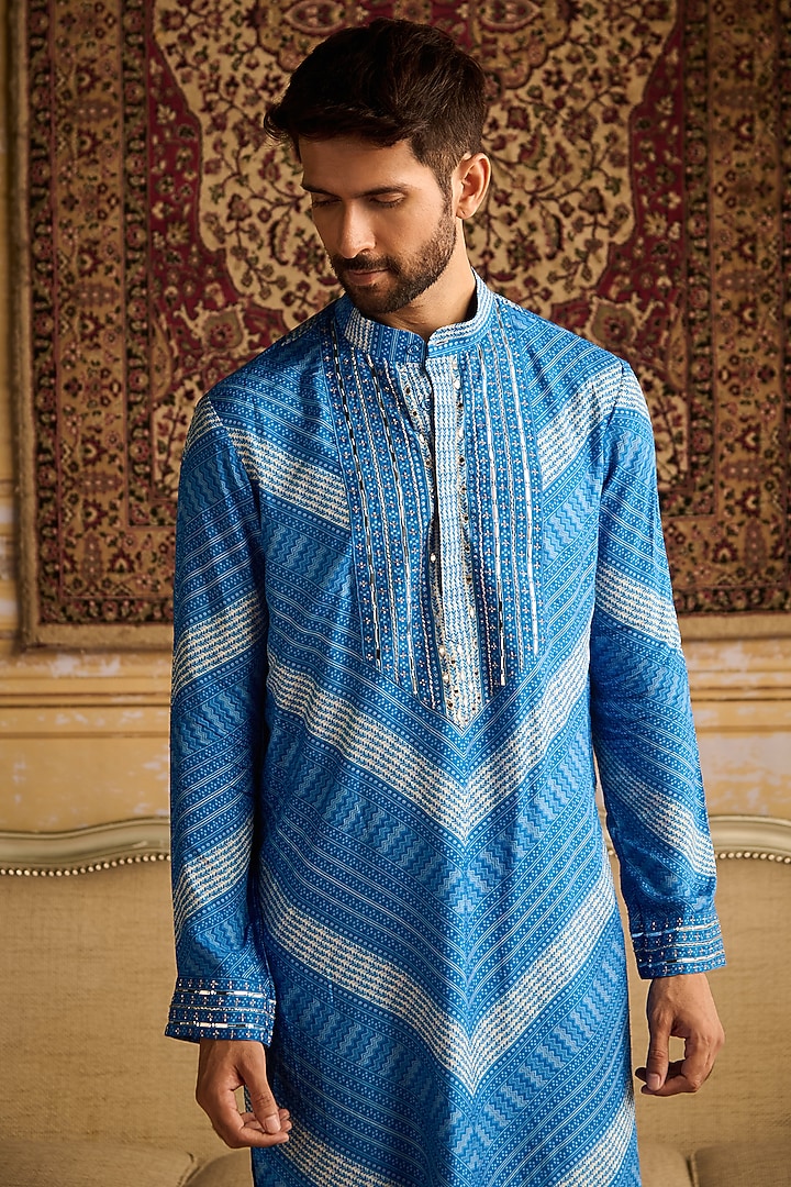 Blue Dola Silk Chevron Printed & Mirror Embellished Kurta Set by DiyaRajvvir Men at Pernia's Pop Up Shop