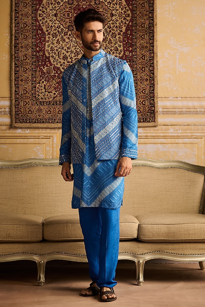 Blue Dola Silk Chevron Printed & Mirror Embellished Bundi Jacket Set by DiyaRajvvir Men