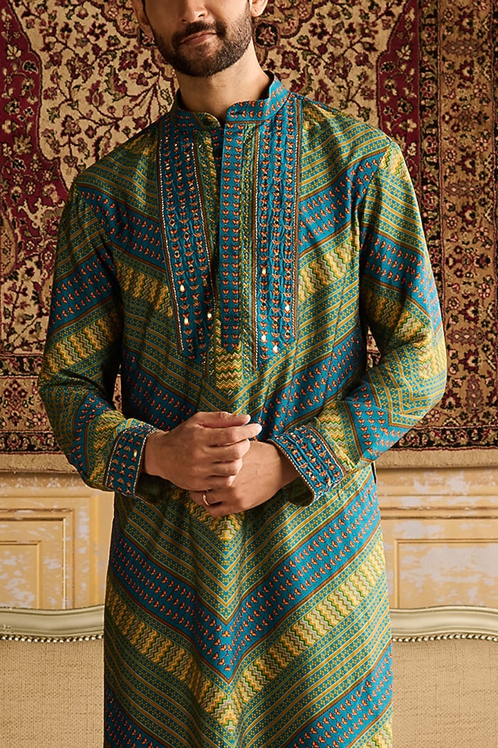 Teal Dola Silk Chevron Printed & Mirror Embellished Kurta Set by DiyaRajvvir Men at Pernia's Pop Up Shop