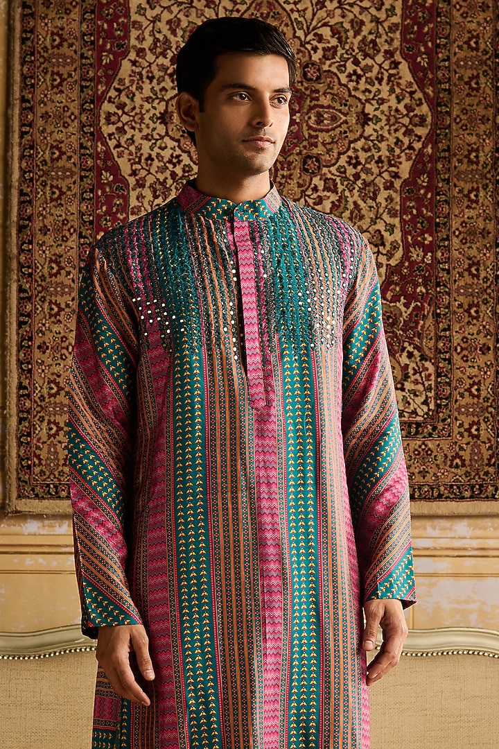 Fuchsia & Teal Dola Silk Striped Printed Kurta Set by DiyaRajvvir Men at Pernia's Pop Up Shop
