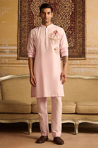 Blush Pink Cotton Silk Floral Embroidered Kurta Set by DiyaRajvvir Men
