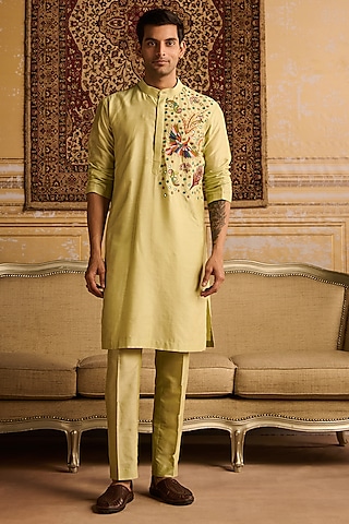 Mint Green Cotton Silk Floral Embroidered Kurta Set by DiyaRajvvir Men