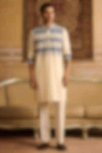 Ivory & Indigo Blue Cotton Silk Geometric Embroidered Kurta Set by DiyaRajvvir Men at Pernia's Pop Up Shop