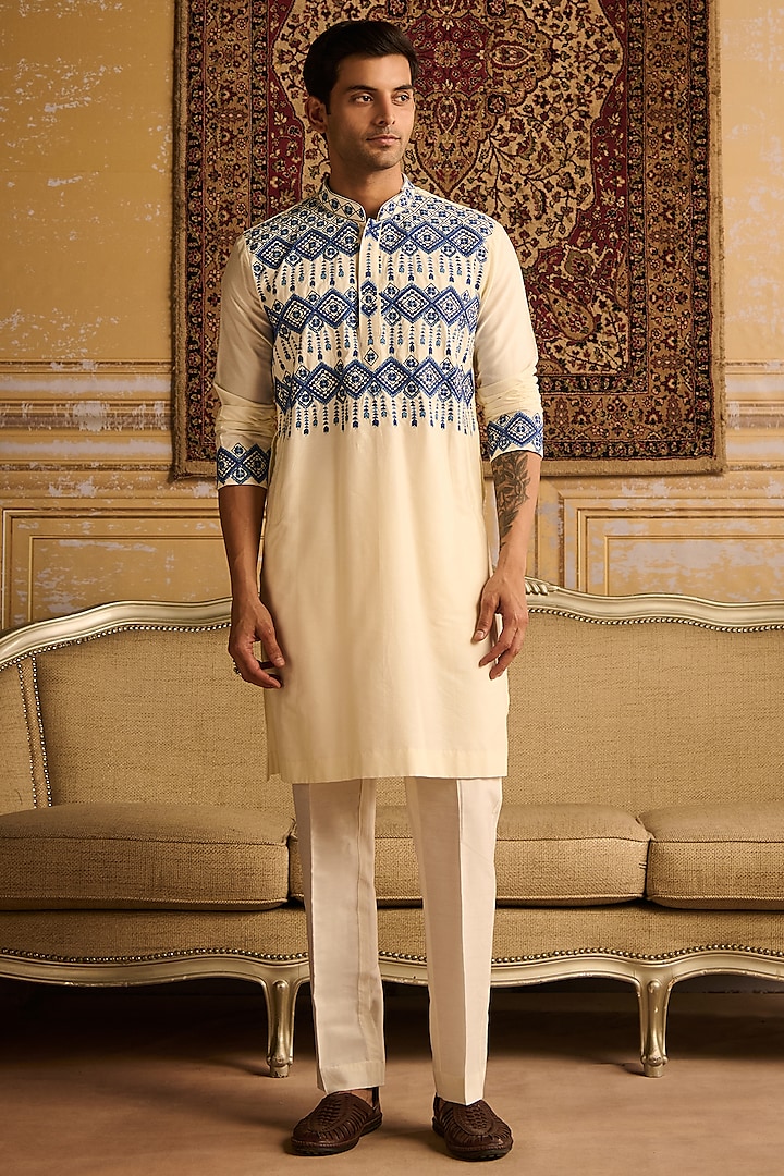 Ivory & Indigo Blue Cotton Silk Geometric Embroidered Kurta Set by DiyaRajvvir Men at Pernia's Pop Up Shop