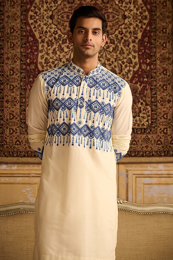 Ivory & Indigo Blue Cotton Silk Geometric Embroidered Kurta Set by DiyaRajvvir Men at Pernia's Pop Up Shop
