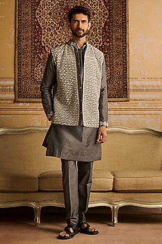 Grey & White Cotton Silk Floral Embroidered Bundi Jacket Set by DiyaRajvvir Men