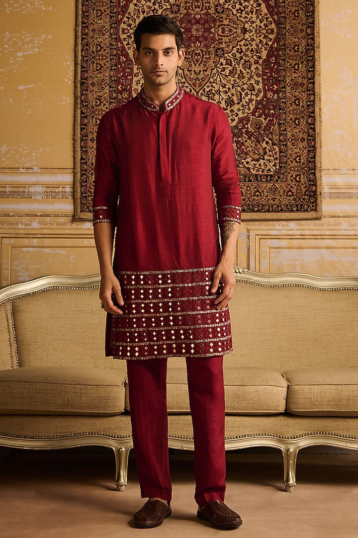 Maroon Dola Silk Mirror Embroidered Kurta Set by DiyaRajvvir Men