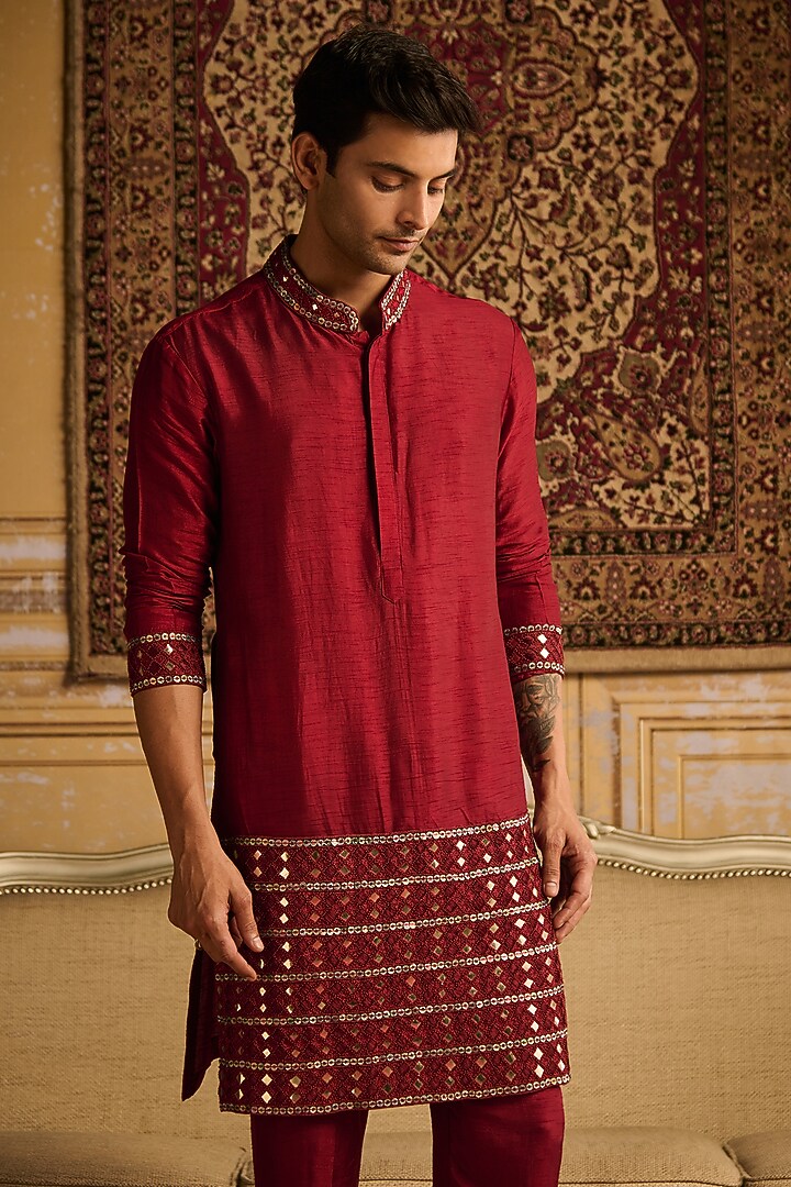 Maroon Dola Silk Mirror Embroidered Kurta Set by DiyaRajvvir Men at Pernia's Pop Up Shop