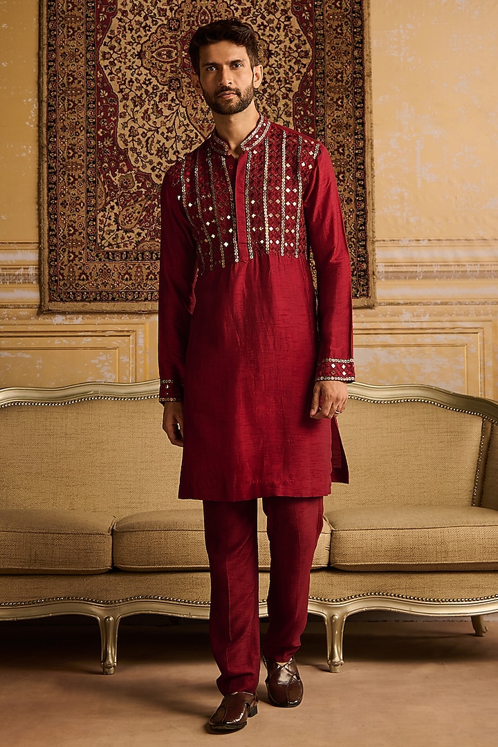 Maroon Dola Silk Mirror Embroidered Kurta Set by DiyaRajvvir Men