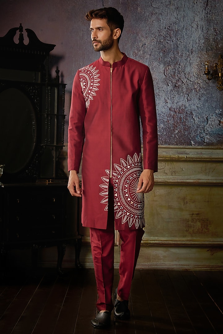 Maroon Cotton Silk Thikri Embroidered Sherwani Set by DiyaRajvvir Men