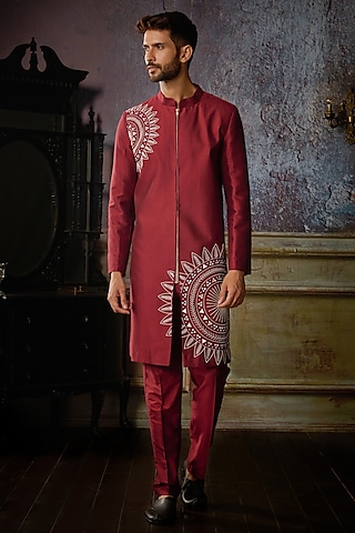 Maroon Cotton Silk Thikri Embroidered Sherwani Set by DiyaRajvvir Men