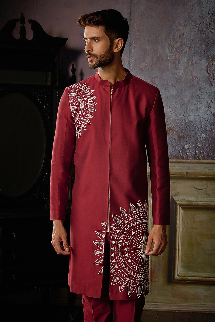 Maroon Cotton Silk Thikri Embroidered Wedding Sherwani Set by DiyaRajvvir Men at Pernia's Pop Up Shop