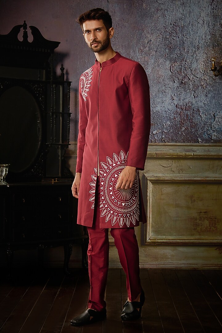 Maroon Cotton Silk Thikri Embroidered Wedding Sherwani Set by DiyaRajvvir Men at Pernia's Pop Up Shop