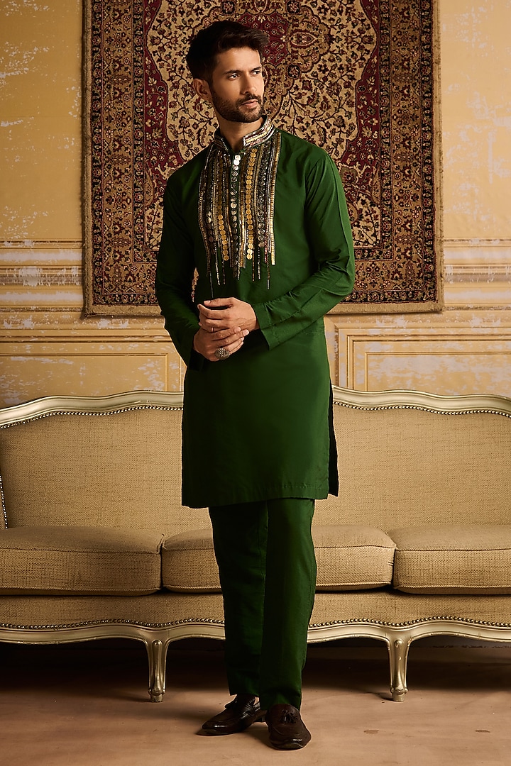 Olive Green Cotton Silk Embroidered Kurta Set by DiyaRajvvir Men