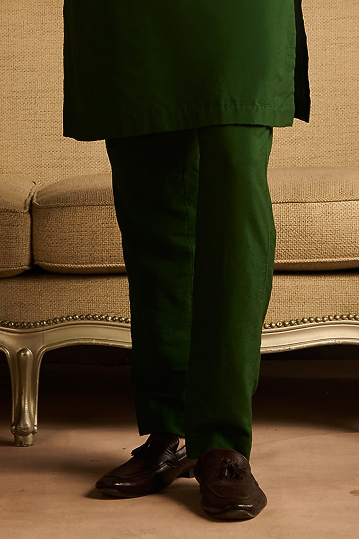 Olive Green Cotton Silk Embroidered Kurta Set by DiyaRajvvir Men at Pernia's Pop Up Shop