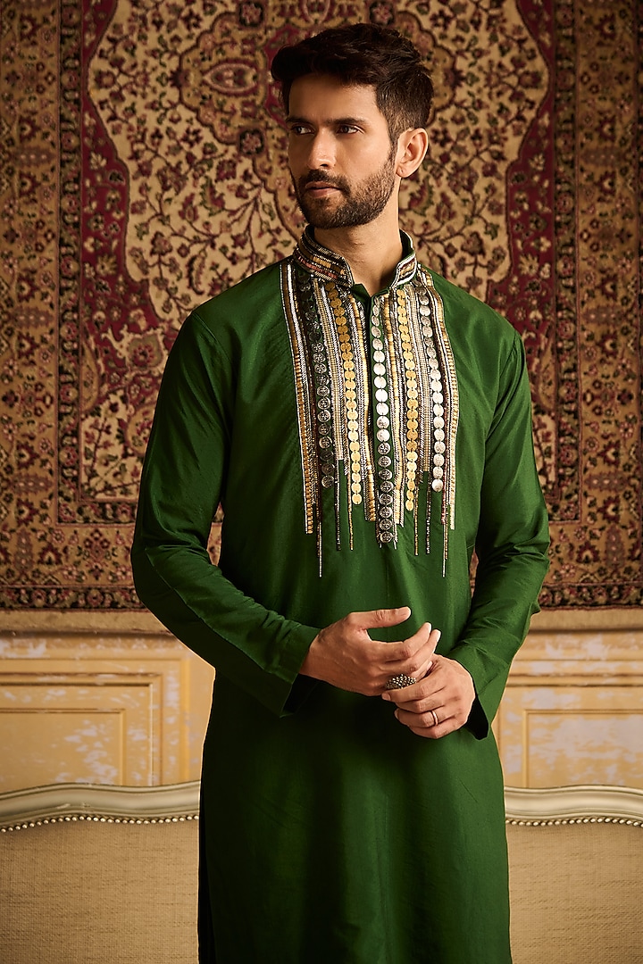Olive Green Cotton Silk Embroidered Kurta Set by DiyaRajvvir Men at Pernia's Pop Up Shop