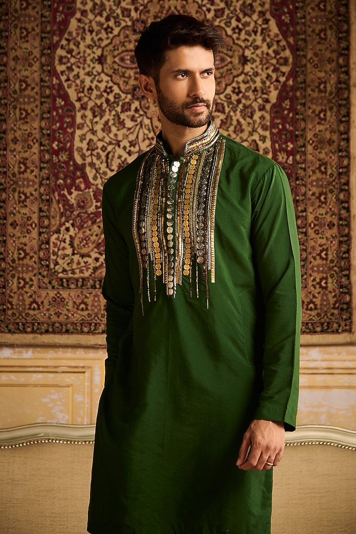 Olive Green Cotton Silk Embroidered Kurta Set by DiyaRajvvir Men at Pernia's Pop Up Shop