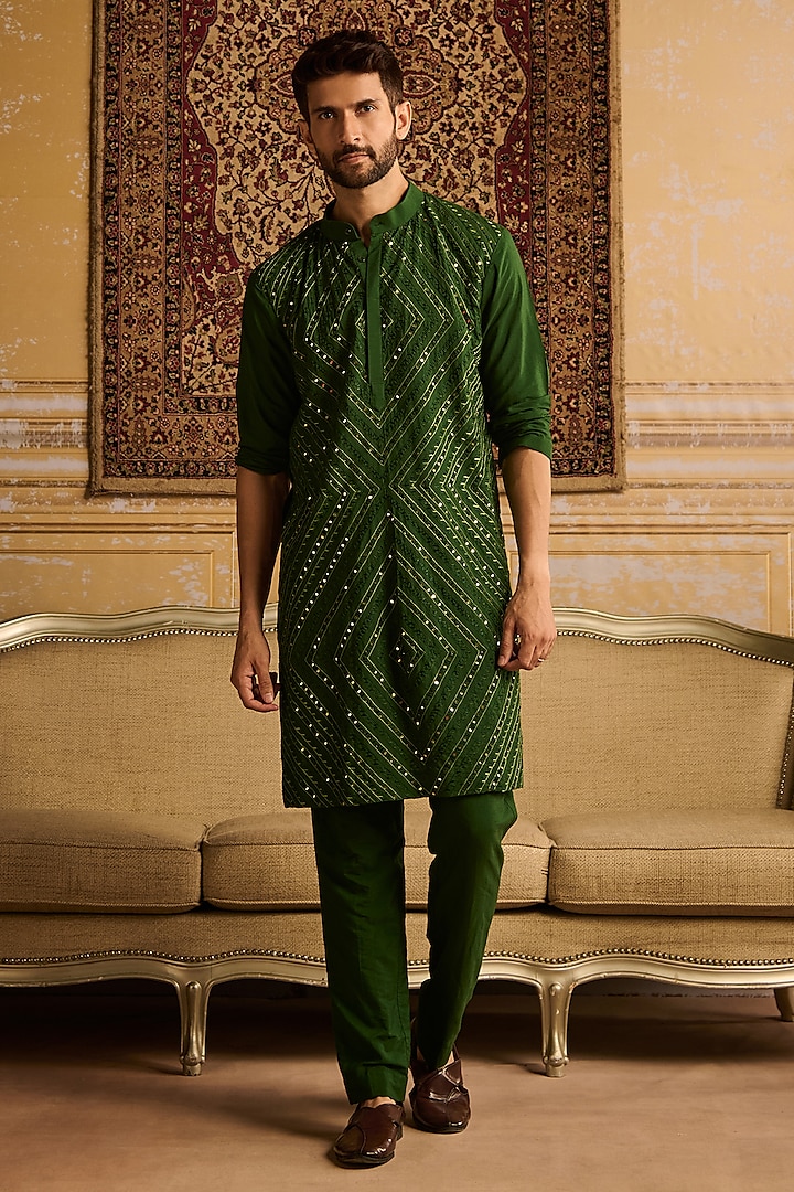 Olive Green Dola Silk Thread & Mirror Embroidered Kurta Set by DiyaRajvvir Men