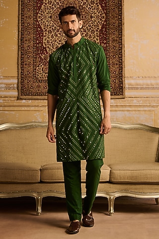 Olive Green Dola Silk Thread & Mirror Embroidered Kurta Set by DiyaRajvvir Men