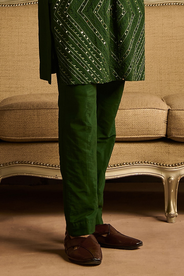 Olive Green Dola Silk Thread & Mirror Embroidered Kurta Set by DiyaRajvvir Men at Pernia's Pop Up Shop